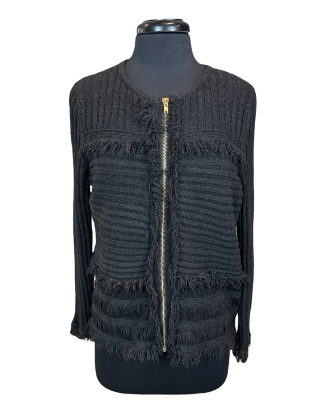 Chico’s Black Texture Fringe Ribbed Zip Cardigan Jacket Chico’s 2/US Large